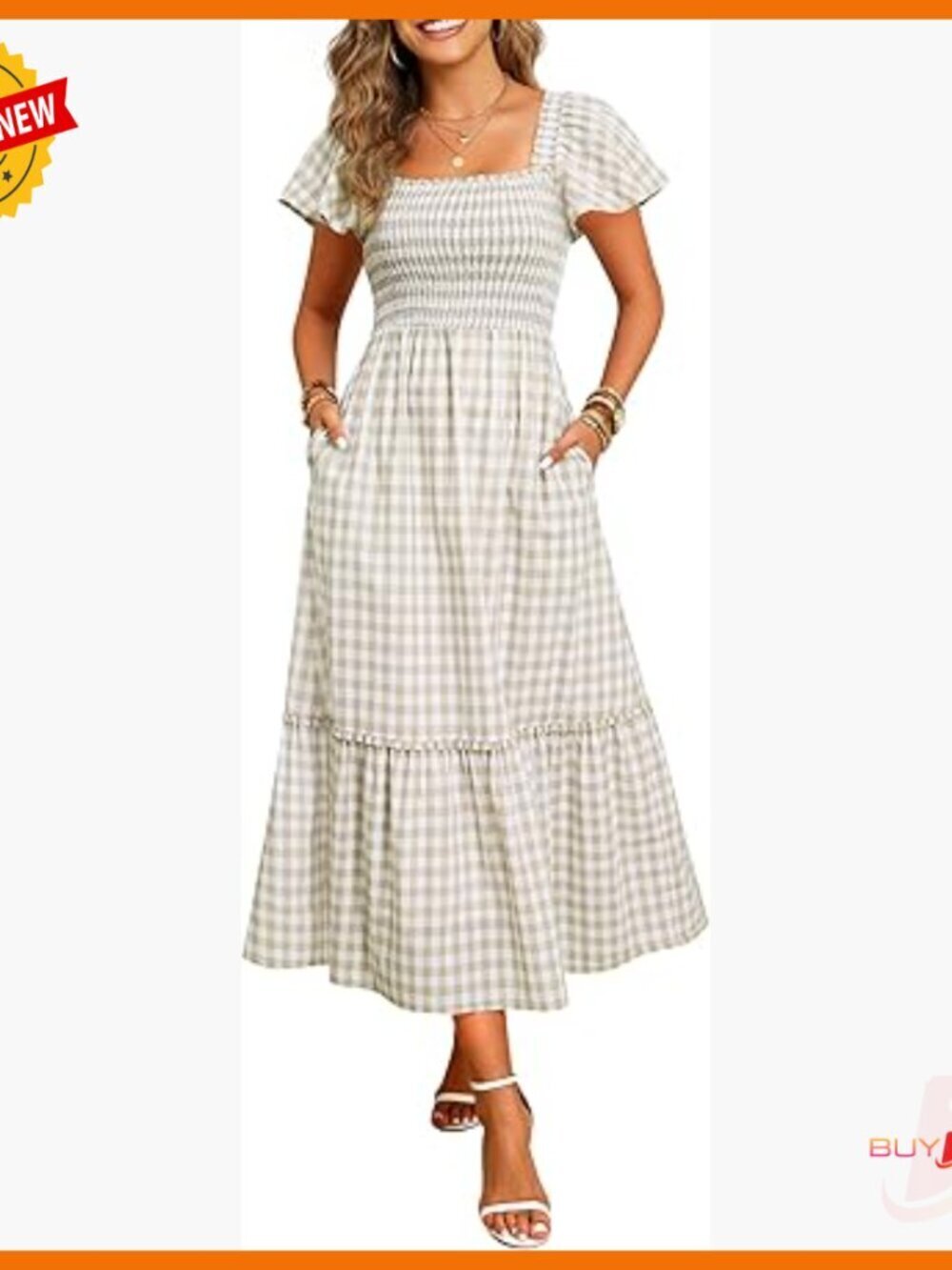 Plaid Smocked Square Neck Flutter Sleeve Midi Dress with Pockets